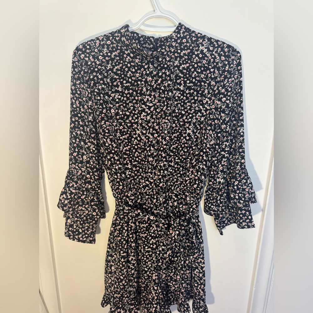 Dynamite Black Floral Long Sleeve short romper